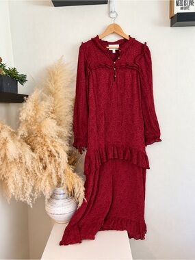 Cleobella Red Floral Ruffle Tiered Boho Midi Dress XS S